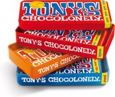 Bol.com Tony's Chocolonely Stapelblik Cadeau - 3 Chocolade Repen Melk Puur Karamel Zeezout - 3 x 180 gram aanbieding