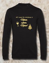 Sweater met opdruk “All I want for christmas is Wijnen wijnen wijnen”, Zwarte sweater met gouden opdruk. Leuk voor Chateau Meiland fans of voor een avondje uit. Lekker foute Kerst trui!