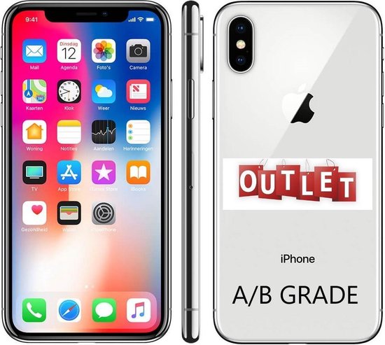 Zilverkleurige iPhone X met 'OUTLET A/B GRADE' sticker en winkelzakken.