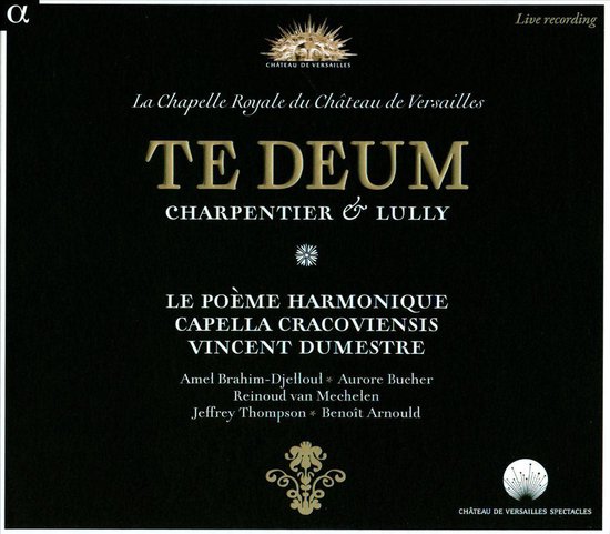 Cd-hoes met gouden letters, waarop 'Te Deum' staat, live-opname van La Chapelle Royale du Château de Versailles.