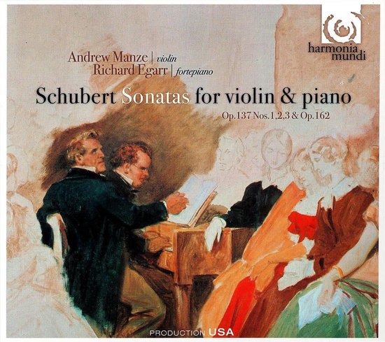 Schilderij van een viool- en pianoduo dat schubert sonates speelt, met Andrew Manze (viool) en Richard Egarr (fortepiano).