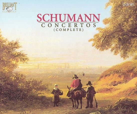 Albumhoes met schilderij van drie figuren in een landschap, 'Schumann Concertos (Complete)' staat in rode letters.