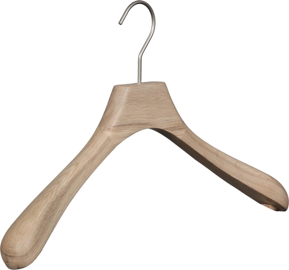 [Set van 10] Luxe handgemaakte kledinghangers / garderobehanger vervaardigd uit puur en ongelakt eikenhout met brede schouders en een 4mm dikke matzilveren haak