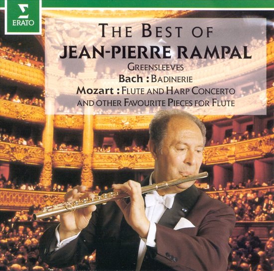 Jean-Pierre Rampal bespeelt de dwarsfluit voor een publiek in een theater op de cd-hoes van 'The Best of Jean-Pierre Rampal'.