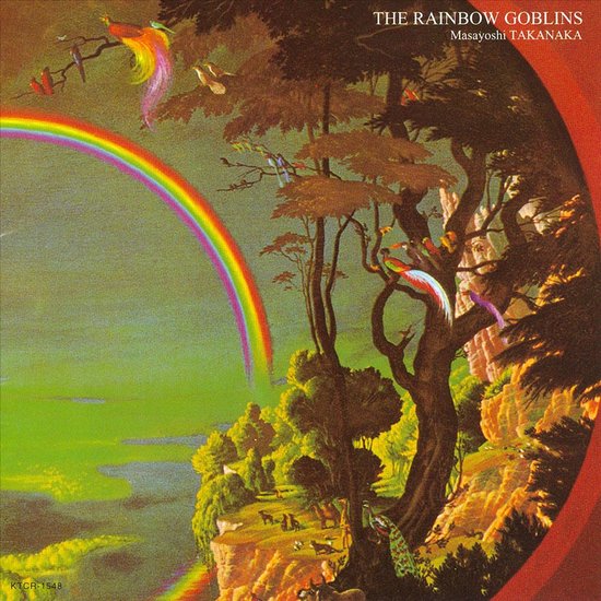 Albumhoes met de titel 'The Rainbow Goblins' door Masayoshi Takanaka. Een regenboog over een bos met kleurrijke vogels en dieren.