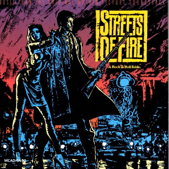 Albumcover met silhouetten van een man met een geweer en een vrouw, met de tekst 'Streets of Fire' in gele letters.