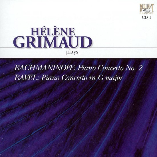 CD-hoes met Hélène Grimaud speelt Rachmaninoff en Ravel op de piano. Donkerblauwe achtergrond met paarse lijnen.