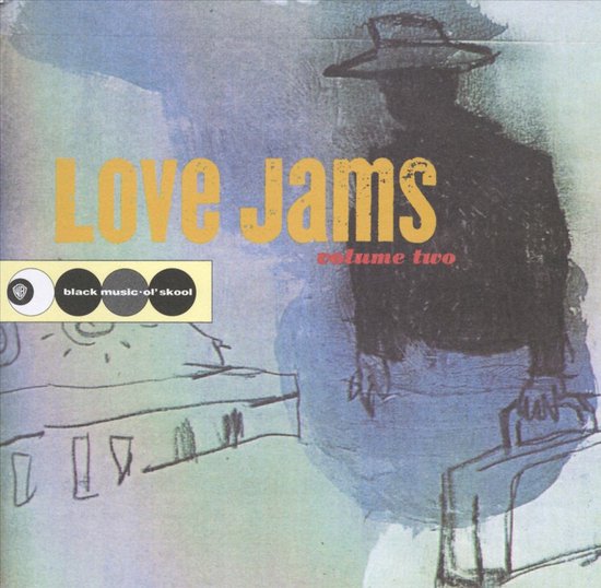 Albumcover voor "Love Jams volume two" met een getekende, silhouet van een man met hoed en koffer tegen een abstracte achtergrond.