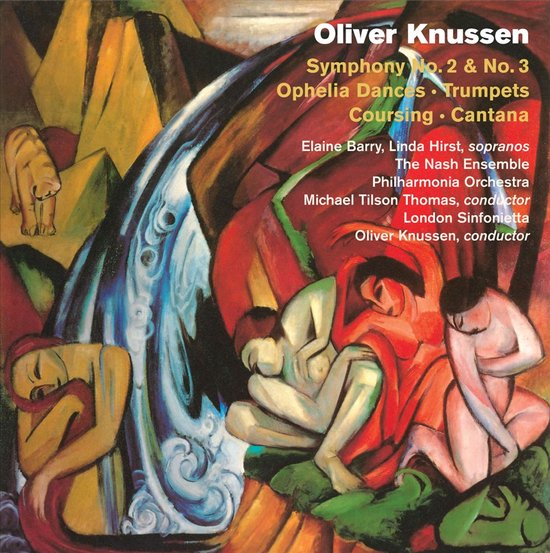 Albumhoes Oliver Knussen, met abstracte figuren, een olifant en een waterval, in warme kleuren.
