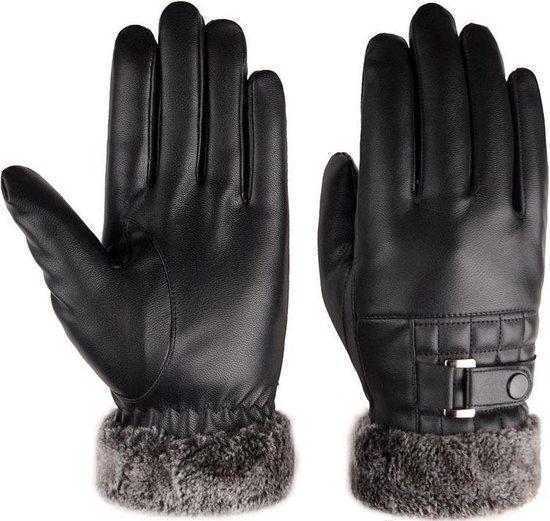 Luxe Winter Handschoenen Met Touch Tip Gloves - Anti-Slip - Touchscreen Gloves - Voor Fiets/Scooter/Sporten/Wandelen - One-Size - Winddicht Met Heerlijk Warme Fleece Voering - Winterhandschoenen - PU Leder - Voor Heren - Zwart - AA Commerce