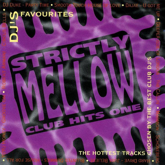 Albumhoes 'Strictly Mellow Club Hits One' in paars met zilveren tekst. Opvallende letters 'STRICTLY MELLOW' in het midden. 'DJ'S FAVOURITES' bovenaan.