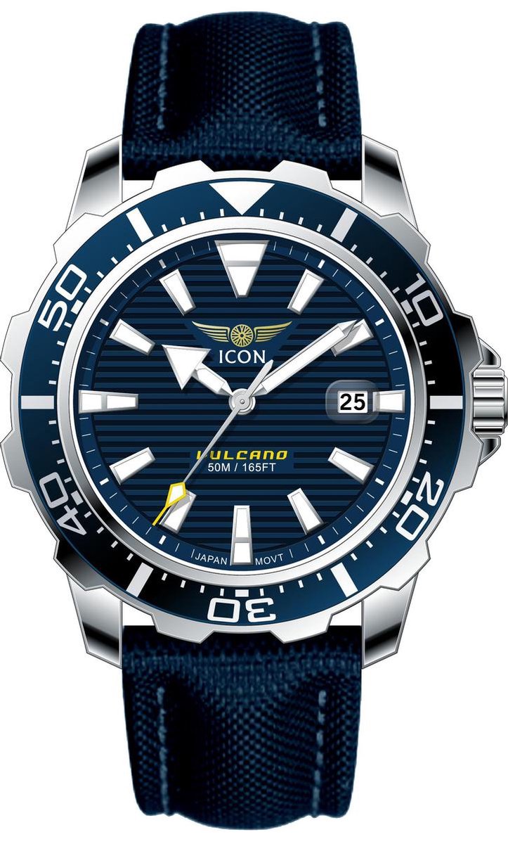 Quartz horloge - ICON Vulcano - Echt lederen band - waterdicht - 44mm - Blauw
