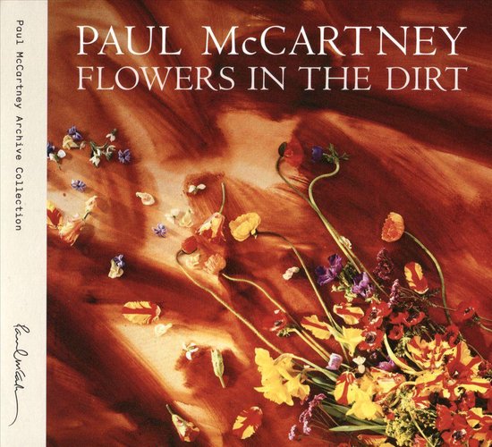 Albumcover van Paul McCartney "Flowers In The Dirt" met een aquarel van bloemen op een oranje achtergrond.