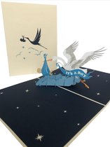 geboorte kaart jongen-vliegende Ooievaar-wenskaart-met envelop-3d-pop-up