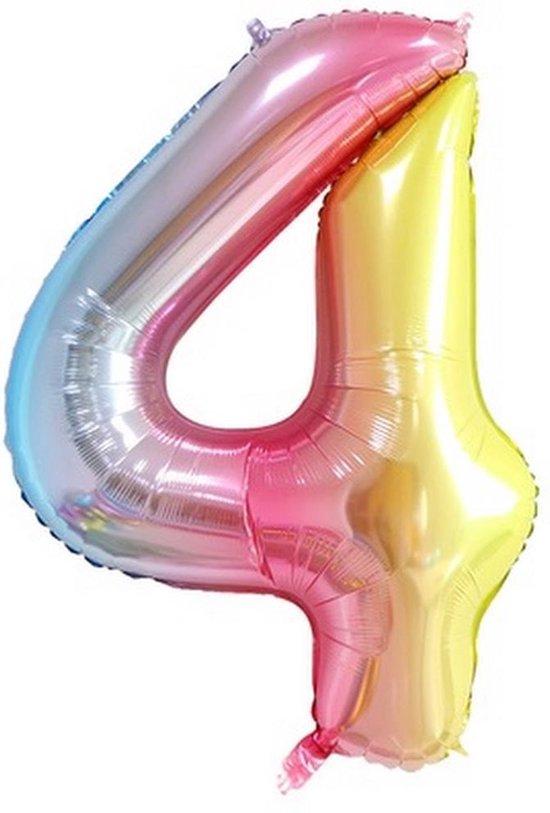 Folie Ballonnen XL Cijfer 4 , Blauwe Regenboog, 86cm, Verjaardag, Feest, Party, Decoratie, Versiering, Miracle Shop