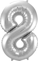 Ballon Cijfer 8 Jaar Zilver Verjaardag Versiering Zilveren Helium Ballonnen Feest Versiering 86 Cm XL Formaat Met Rietje