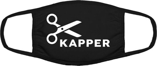 Kapper | werk | beroep | gezichtsmasker | bescherming | bedrukt | logo | Zwart mondmasker van katoen, uitwasbaar & herbruikbaar. Geschikt voor OV