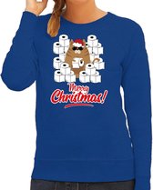 Foute Kerstsweater / Kersttrui met hamsterende kat Merry Christmas blauw voor dames- Kerstkleding / Christmas outfit 2XL