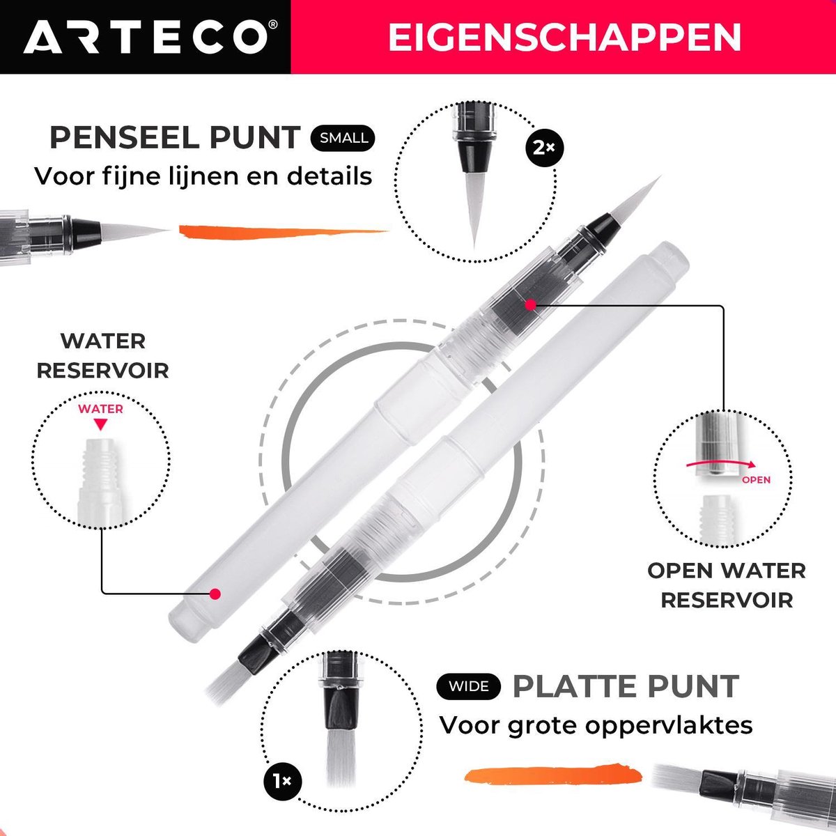 ARTECO® Set 3 Stuks Waterbrush Pennen (2 Punt + 1 Plat) - Navulbaar Penseel – Brushlettering & Kalligrafie — afbeelding 3