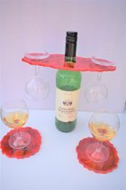 Wijnfleshouder - Epoxy - 2 glazen - 2 Onderzetters - Rood - Marmer - Effect - Wijnglashouder - Wijnaccessoires - Wijn - 25cm x 10cm