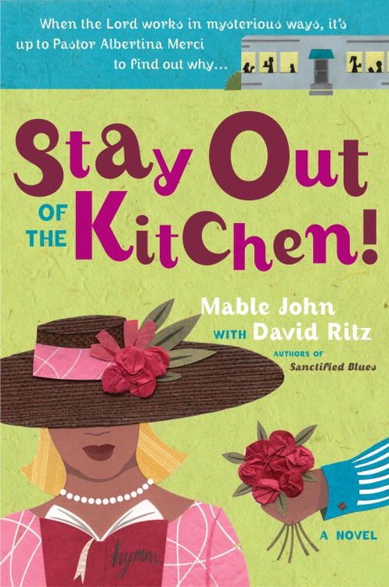 Boekomslag 'Stay Out of the Kitchen!' met illustratie van een vrouw in roze jurk en hoed die een hymneboek leest.