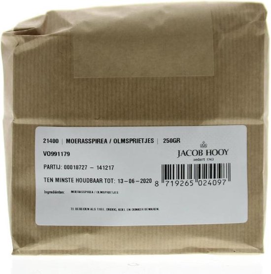Jacob Hooy Moerasspirea/Olmsprietjes 250GR. Verpakking met houdbaarheidsdatum en ingrediëntenlijst.