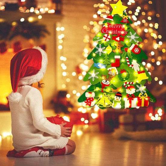 Vilten Kerstboom Voor Kinderen Kunstkerstboom Met Verlichting - Met Versieringen - Mini Kerstboom - Kinderkerstboom - Kerstcadeau - Inclusief Verlichting - Muurboom
