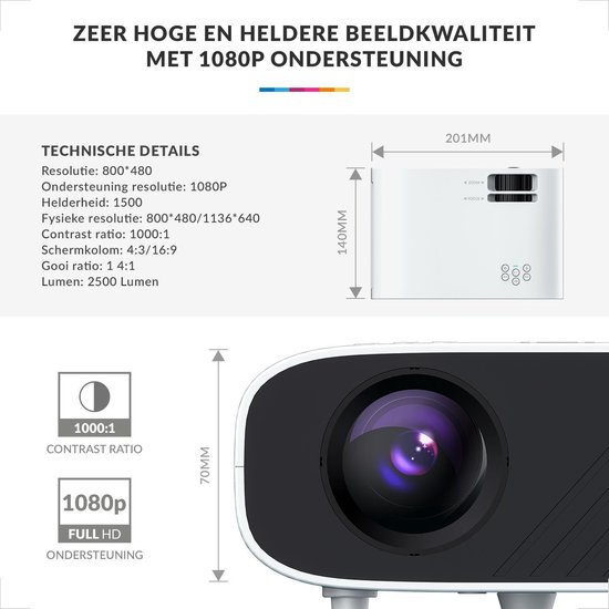 YONO Beamer Full HD – Mini Projector LED – WiFi – Bluetooth – HDMI – 2500 Lumen – Wit - YONO