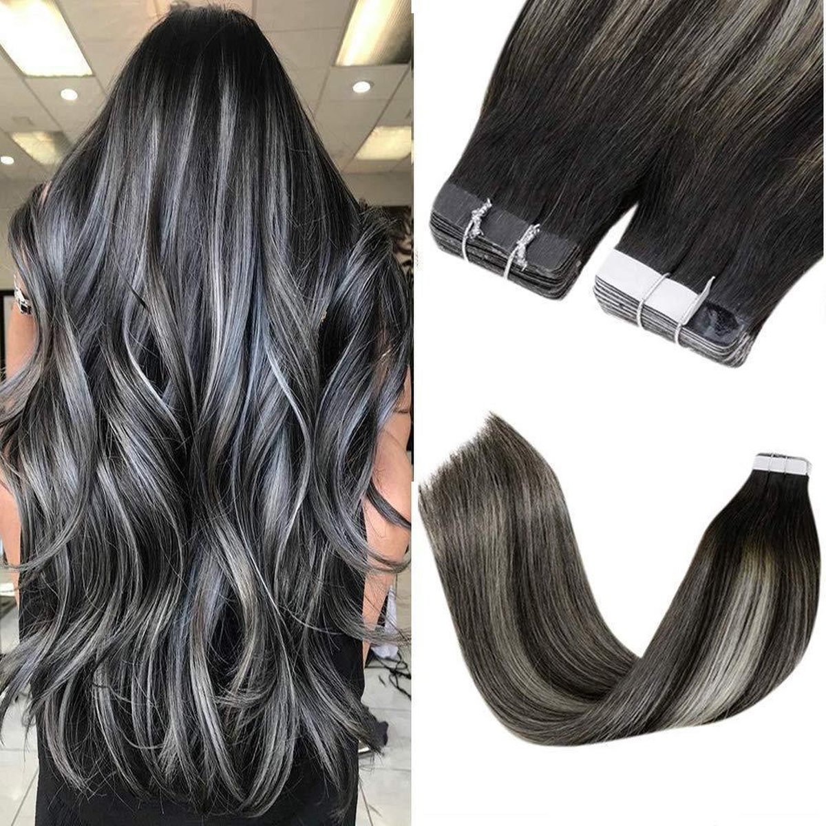 Tape Extensions #Ombre 1b/silver 20stk tapes 50gram tape hair | bol.com
