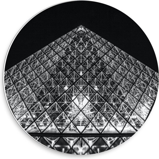 Forex Wandcirkel - Louvre- Parijs (zwart/wit) - 30x30cm Foto op Wandcirkel (met ophangsysteem)