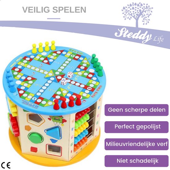 Thumbnail van een extra afbeelding van het spel Activiteiten Kubus Hout XL- Educatief Interactief Speelgoed - Vormenstoof met Spel - Speelkubus - Kralenspiraal - Activity Center - Ontwikkeling Kind en Peuter - 2 Jaar - Leerzaam