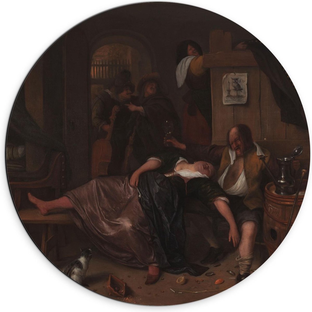 KuijsFotoprint Dibond Wandcirkel - Oude Meesters - Het dronken paar, Jan Havicksz. Steen, ca. 1655 - 1665 - 70x70cm Foto op Aluminium Wandcirkel (met ophangsysteem) Bruin