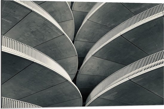 Dibond - Cirkel Gebouw (zwart/wit) - 90x60cm Foto op Aluminium (Met Ophangsysteem)