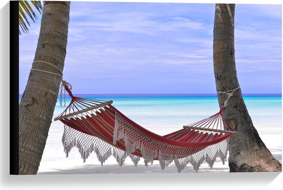 Canvas  - Rode Hangmat Tussen Palmboom - 60x40cm Foto op Canvas Schilderij (Wanddecoratie op Canvas)