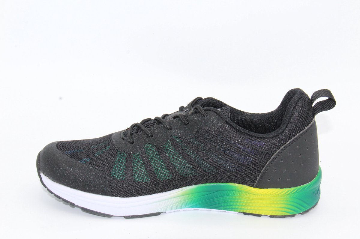 Piedro Sport zwarte sneaker met groen/geel/witte zool- maat 35 - Schoenen.nl