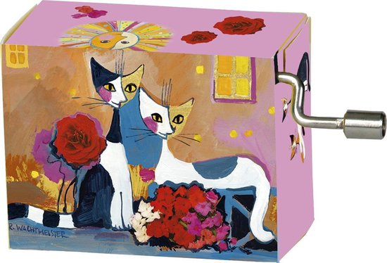 Muziekdoosje kunstenaars Rosita Wachtmeister 2 katten met bloem – happy birthday