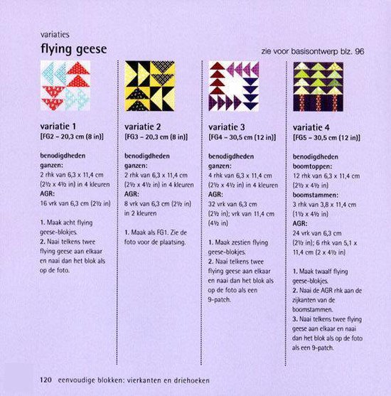 Diagram van vier 'flying geese' quiltblok variaties met patronen en instructies.