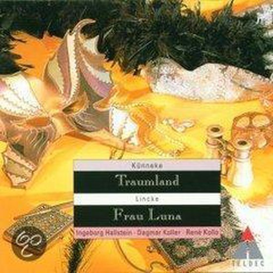 Venetiaans masker met veren, felgekleurde details, en de tekst 'Könneke Traumland Lincke Frau Luna'