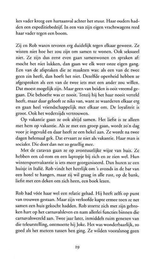 Een open boekpagina met tekst over Robs relatie en vakanties.