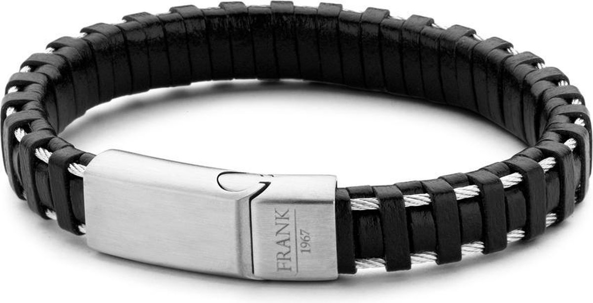 Frank 1967 7FB-0162 - Heren armband - leer met staal elementen - one-size - zwart / zilverkleurig