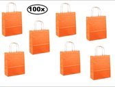 100x Papieren koordtas oranje 18x8x22cm - goodiebag|papieren|draagtas|tas|koord|festival|kado|themafeest|party|geschenken