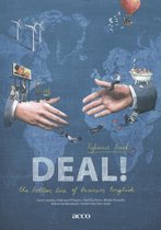 Voorpagina van het boek 'Deal! the bottom line of business English' met illustratie van handen die elkaar schudden en wereldkaart.