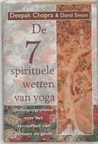 Boek 'De 7 spirituele wetten van yoga' door Deepak Chopra & David Simon, met illustratie van een boom en figuren.