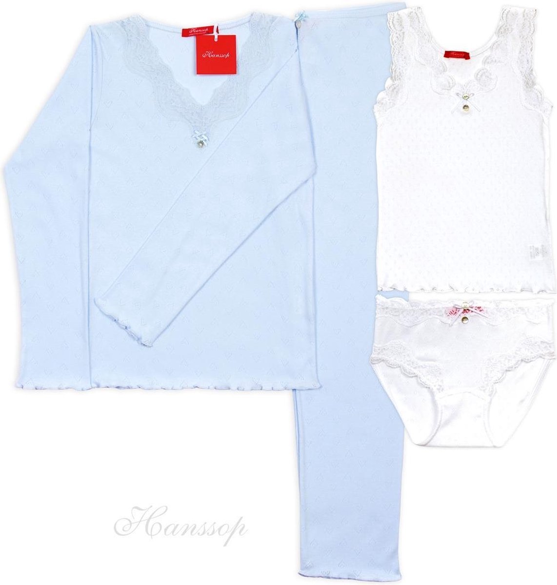 Exclusief Luxueus Kinder nachtkleding Hanssop, Luxe licht blauwe pyjama set met bijpassende wit ondergoed setje, maat 116