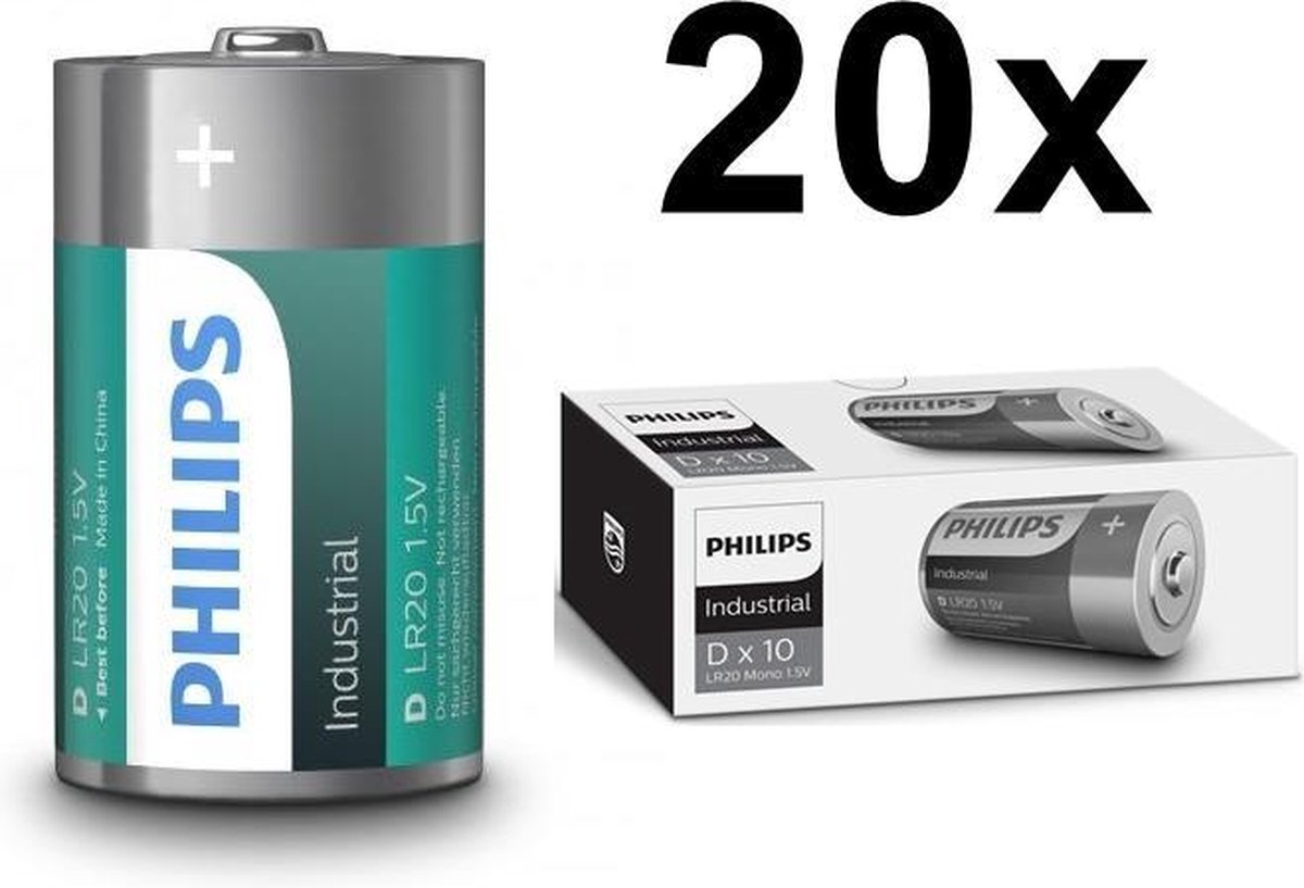20 Stuks - Philips Industrial D/LR20 alkalinebatterij