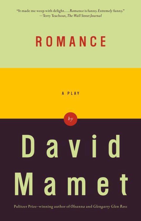 Boekomslag van 'Romance' door David Mamet, met tekst in rood en wit op horizontale vlakken in groen, geel en donkerpaars.