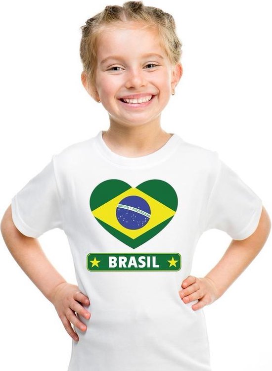 Brazilie kinder t-shirt met Braziliaanse vlag in hart wit jongens en meisjes S (122-128)