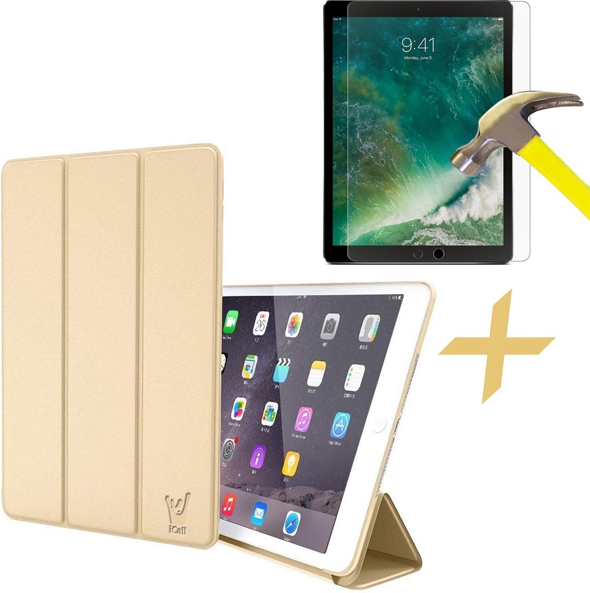 Apple iPad 9.7 (2017 / 2018) Hoes Smart Book Case Siliconen Goud + Screenprotector Gehard Glas - Tri-Fold van iCall