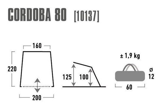 Technische tekening van de 'CORDOBA 80' strandtent met afmetingen in cm. Gewicht 1,9 kg.