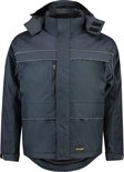 Donkerblauwe Tricorp parka met capuchon, reflecterende horizontale strepen op borsthoogte en taillehoogte.